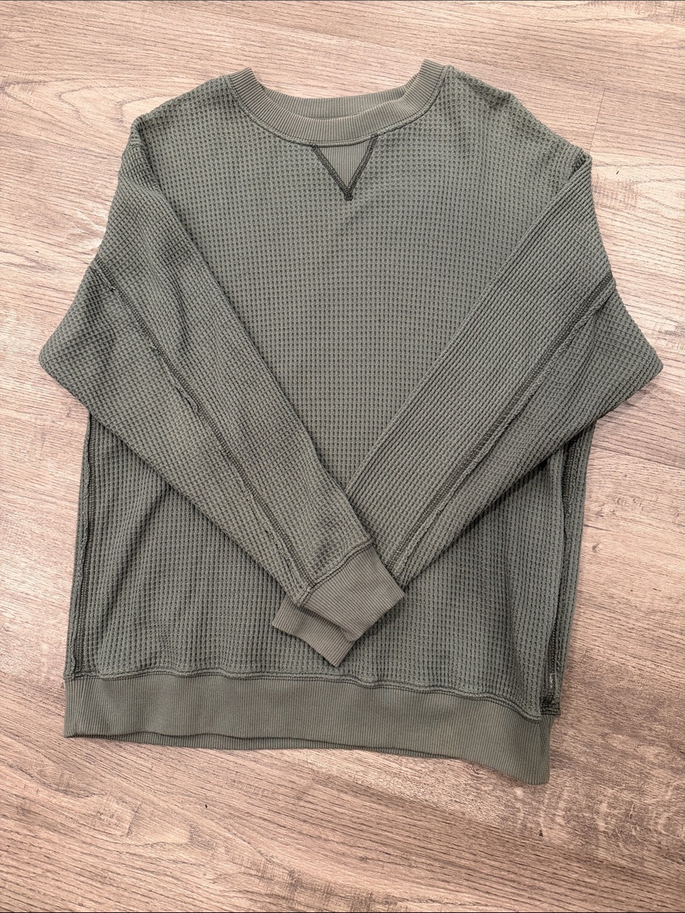 aerie Olive Green Waffle Knit Crewneck Sweater